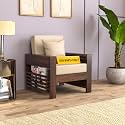 Sheesham Wood Feltro Single Seater Sofa Set for Living Room Office Wooden Sofa Set for Living Room Furniture - (40 Density Cushion,Walnut Finish with Beige Cushion)