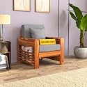 Sheesham Wood Feltro Single Seater Sofa Set for Living Room Office Wooden Sofa Set for Living Room Furniture - (40 Density Cushion,Honey Finish with Grey Cushion)