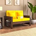 Sheesham Wood Feltro Sofa Set 2 Seater Living Room | Two Seater Sofa Sets | Without Pillow | Wooden Sofa Set | Hall Sofa Sets (40 Density Cushion,Walnut Finish with Yellow Cushion)