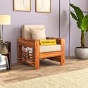 Sheesham Wood Feltro Single Seater Sofa Set for Living Room Office Wooden Sofa Set for Living Room Furniture -(40 Density Cushion,Honey Finish with Beige Cushion)