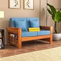 Sheesham Wood Feltro Sofa Set 2 Seater Living Room | Two Seater Sofa Sets | Without Pillow | Wooden Sofa Set | Hall Sofa Sets (40 Density Cushion,Honey Finish with Blue Cushion)
