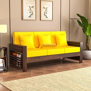 wooden 3 seater feltro sofa  three seater sofa for living room with base cushion  solid wood sheesham 40 density cushionwalnut finish yellow cushion