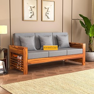 wooden 3 seater feltro sofa  three seater sofa for living room drawing roomwith base cushion  solid wood sheesham 40 density cushionhoney finish grey cushion