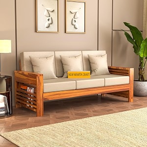 wooden 3 seater feltro sofa  three seater sofa for living room drawing room hall amp bedroom with base cushion  solid wood sheesham 40 density cushionhoney finish beige cushion