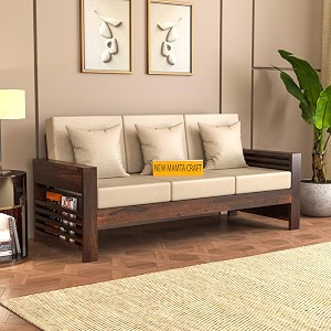 wooden 3 seater feltro sofa  three seater sofa for living room drawing room with base cushion  solid wood sheesham 40 density cushionwalnut finish beige cushion