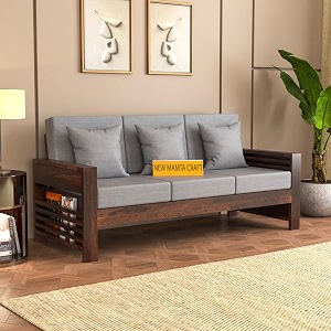 wooden 3 seater feltro sofa  three seater sofa for living room with base cushion  solid wood sheesham 40 density cushionwalnut finish grey cushion