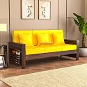 Wooden 3 Seater Feltro Sofa | Three Seater Sofa for Living Room, with Base Cushion | Solid Wood Sheesham, (40 Density Cushion,Walnut Finish Yellow Cushion)