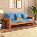 Wooden 3 Seater Feltro Sofa | Three Seater Sofa for Living Room, Drawing Room, with Base Cushion | Solid Wood Sheesham, (40 Density Cushion,Honey Finish Blue Cushion)