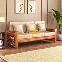 Wooden 3 Seater Feltro Sofa | Three Seater Sofa for Living Room, Drawing Room, Hall &amp; Bedroom with Base Cushion | Solid Wood Sheesham, (40 Density Cushion,Honey Finish Beige Cushion)