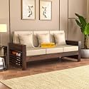 Wooden 3 Seater Feltro Sofa | Three Seater Sofa for Living Room, Drawing Room, with Base Cushion | Solid Wood Sheesham, (40 Density Cushion,Walnut Finish Beige Cushion)