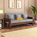 Wooden 3 Seater Feltro Sofa | Three Seater Sofa for Living Room, with Base Cushion | Solid Wood Sheesham, (40 Density Cushion,Walnut Finish Grey Cushion)