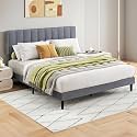 NEWBULIG Queen Size Bed Frame - Fabric Upholstered Platform Bed with Headboard, 800LBS Sturdy Wooden Slats Support, No Box Spring Needed, Noise Free, Easy Assembly, Grey