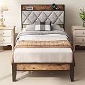 NEWBULIG Twin Bed Frame with Headboard, Platform Storage Bed with USB Charging Station, No Tool Assembly, Squeak-Free Strong Metal Frame, No Box Spring Needed