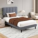 NEWBULIG Twin Size Bed Frame - Fabric Upholstered Platform Bed with Headboard, 530LBS Sturdy Wooden Slats Support, No Box Spring Needed, Noise Free, Easy Assembly, Grey