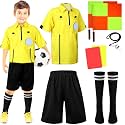 Newcotte 11 Pcs Kids Soccer Referee Kit Halloween Children Referee Costume Umpire Gear Set Youth Ref Shirt Pants Socks Whistle with Lanyard Penalty Flag Soccer Card