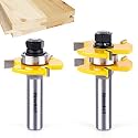 Newdeli 1/2" Shank Tongue and Groove Router Bit Set 2pcs Router Bits 3/4" Stock 1/2" Cutting Depth Adjustable Tongue Groove Router Bits T Shape 3 Teeth Wood Milling Cutter Woodworking Tool