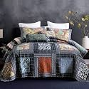 NEWLAKE Bedspread Quilt Set with Real Stitched Embroidery, Paisley Grid Pattern,King Size