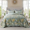 NEWLAKE Bedspread Quilt Sets-Reversible Patchwork Coverlet Set, Green Floral Pattern, King Size