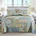 NEWLAKE Quilt Set California King Size, 100% Cotton Patchwork Green Bohemian Quilt Sets, Reversible Bedspread Lightweight and Breathable for All Seasons, Soft Quilted Bedspread with 2 Pillow Shams