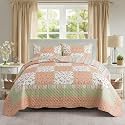 NEWLAKE Quilt Set King Size, Bedspread Sets Warm Orange Floral, Reversible Quilt Bedding Set Lightweight and Breathable for All Seasons, Soft Quilted Bedspread with 2 Pillow Shams
