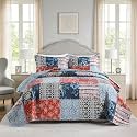 NEWLAKE Quilt Set Queen Size, Bedspread Sets Boho Indigo Patch, Quilt Bedding Set Lightweight and Breathable for All Seasons, Soft Quilted Bedspread with 2 Pillow Shams
