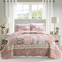 NEWLAKE Quilt Set Queen Size, Cotton Patchwork Pink Floral Quilt Sets, Real Stitched Embroidery Bedspread Lightweight and Breathable for All Seasons, Soft Quilted with 2 Pillow Shams