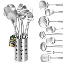 Newness 9 Pcs 18/8 304 Stainless Steel Cooking Utensils Set with Holder, Kitchen Utensils Set, Metal Kitchen Accessories, Soup Ladle, Slotted Skimmer Spoon, Spaghetti Spoon and Spatula,Dishwasher Safe