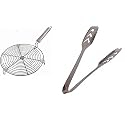 NewQ Steel Barbeque Jali Roti Roast Grill Papad Roaster Chapati Toast Grill Wooden Handle paneer tandoor net With Stainless Steel Momo Tong,Silver