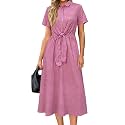 Newshows Women's Work Business Casual Outfits Tie Waist Midi Shirt Dress
