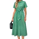 Newshows Women's Work Business Casual Outfits Tie Waist Midi Shirt Dress