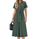 Newshows Women's Work Business Casual Outfits Tie Waist Midi Shirt Dress