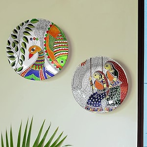 nexaware madhubani art ceramic plates with stand decorative wall plates for home amp office multicolor set of 2 diameter 8 amp 10 inches nexaware-cerplt-p02-042