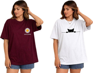 Nexcy Printed Women Round Neck Maroon White