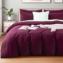 NEXHOME PRO 100% Washed Cotton Duvet Cover Queen Size, Ogranic Natural Linen Feel Breathable Bedding Set with Zipper Closure, 3 Pieces Duvet Cover Set Wine (No Comfortert) 9090
