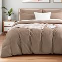 NEXHOME PRO 100% Washed Cotton Duvet Cover Full Size, Ogranic Natural Linen Feel Breathable Bedding Set with Zipper Closure, 3 Pieces Duvet Cover Set Toffee (No Comfortert) 8090