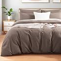 NEXHOME PRO 100% Washed Cotton Duvet Cover Full Size, Ogranic Natural Linen Feel Breathable Bedding Set with Zipper Closure, 3 Pieces Duvet Cover Set Chocolate (No Comfortert) 8090