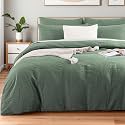 NEXHOME PRO Duvet Cover Full 100% Washed Cotton, Organic Natural Linen Like Textured, Breathable, Durable, Home Bedding Set, Heathered Green 8090
