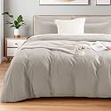 NEXHOME PRO Duvet Cover Queen Size, 100% Washed Cotton Orgnic Linen Like Textured Breathable Durable Comfy, Cream Grey