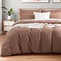 NEXHOME PRO Duvet Cover Set 100% Washed Cotton Full Size Linen Feel Textured Organic Natural 3 Pieces Bedding Set Mocha Brown with Zipper Closure and Corner Ties, Breathable (No Comforter)