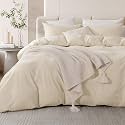 NEXHOME PRO Duvet Cover Set 100% Washed Cotton Full Size Linen Feel Textured Organic Natural 3 Pieces Bedding Set with Zipper Closure and Corner Ties, Breathable(Cream Grey, No Comforter)