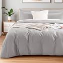 NEXHOME PRO Duvet Cover Set 100% Washed Cotton Full Size Linen Feel Textured Organic Natural 3 Pieces Bedding Set with Zipper Closure and Corner Ties, Breathable and Soft (Light Grey, No Comforter)