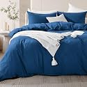 NEXHOME PRO Duvet Cover Set 100% Washed Cotton Oversized Queen 98"x98", Organic Natural Linen Look Textured 3 Pieces Bedding Set Royal Navy Klein Blue with Zipper Closure, Soft (No Comforter)