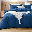 NEXHOME PRO Duvet Cover Set 100% Washed Cotton Oversized King 120"x98" Linen Feel Textured Organic 3 Pieces Bedding Set with Zipper Closure and Corner Ties, Breathable (Navy Blue, No Comforter)