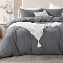 NEXHOME PRO Duvet Cover Set 100% Washed Cotton Full Size Linen Feel Textured Organic Natural 3 Pieces Bedding Set with Zipper Closure and Corner Ties, Breathable and Soft (Grey, No Comforter)