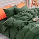 NEXHOME PRO Duvet Cover Set Oversized Queen 98"x98" Linen Look Textured Organic Natural 100% Washed Cotton Duvet Cover 3 Pieces Bedding Set Zipper Closure, Breathable, Forest Green (No Comforter)