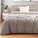 NEXHOME PRO Duvet Cover Set Queen Size Linen Look Textured Organic Natural 100% Washed Cotton Duvet Cover Linen Grey 3 Pieces Bedding Set with Zipper Closure, Breathable, Soft (No Comforter)