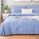 NEXHOME PRO Full Duvet Cover Set, 100% Washed Cotton with Linen-Like Texture, Natural Organic, Breathable &amp; Comfortable, Includes Home Bedding Set Baby Blue (No Comforter) 8090