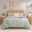 NEXHOME PRO Green Gingham Duvet Cover Queen, 100% Washed Cotton Like Linen Feel Organic Natural Bedding Set 3 Piece Sage Vintage Plaid Checkered Comforter Cover Set (No Comforter) 9090