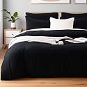NEXHOME PRO Queen Duvet Cover Set – 100% Certified Organic Cotton with Washed Feel &amp; Linen-Like Texture, Comfortable &amp; Breathable, Home Bedding Set Black (No Comforter)