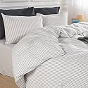 NEXHOME PRO Striped Duvet Cover Queen Size,100% Washed Cotton Bedding Set,Textured Linen Feel,Breathable,Organic,3 Piece(Grey Stripes 90x90)